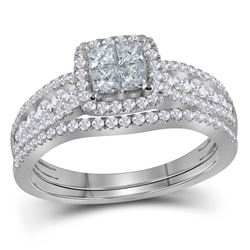14kt White Gold Princess Diamond Halo Bridal Wedding Engagement Ring Band Set 1.00 Cttw