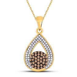 10kt Yellow Gold Round Brown Diamond Teardrop Cluster Pendant 1/3 Cttw