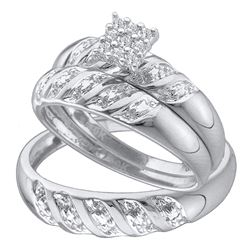 10kt White Gold His & Hers Round Diamond Cluster Matching Bridal Wedding Ring Band Set 1/10 Cttw
