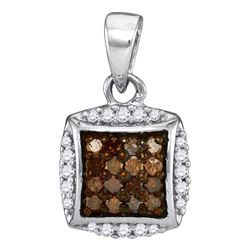 10kt White Gold Round Brown Diamond Square Cluster Pendant 1/4 Cttw