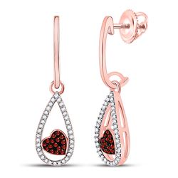 10kt Rose Gold Round Red Color Enhanced Diamond Heart Dangle Earrings 1/5 Cttw