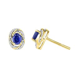10kt Yellow Gold Oval Lab-Created Blue Sapphire Diamond Stud Earrings 1/8 Cttw