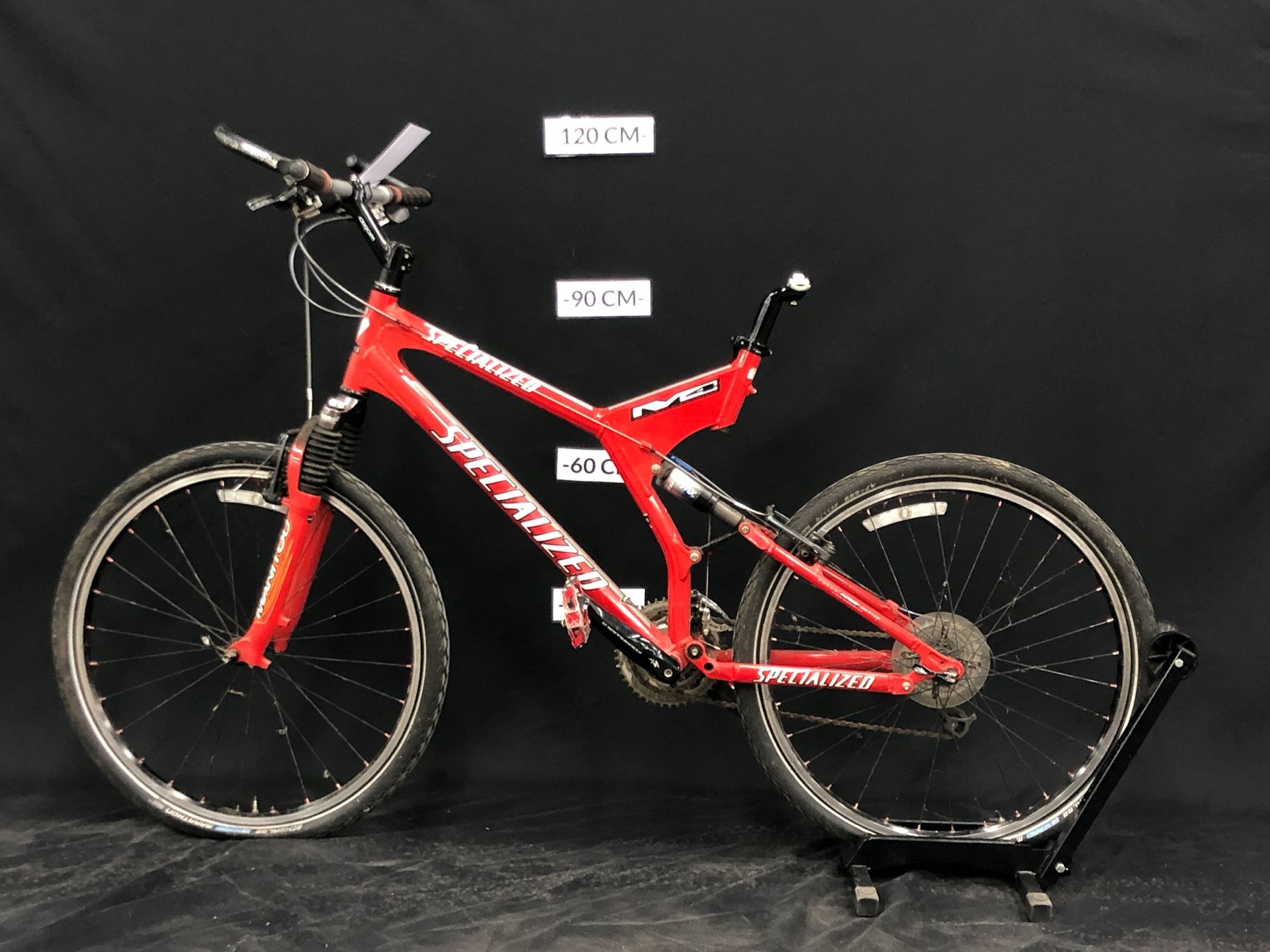 RED SPECIALIZED M4 27 SPEED FULL SUSPENSION MOUNTAIN BIKE WITH CLIP PEDALS, MISSING SEAT - Able