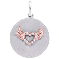 Sterling Silver Round Diamond Angel Wings Heart Medallion Pendant 1/20 Cttw