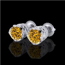 3 ctw Intense Fancy Yellow Diamond Art Deco Earrings 18K White Gold