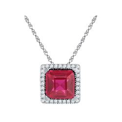 10kt White Gold Cushion Lab-Created Ruby Solitaire Diamond Pendant 1-7/8 Cttw