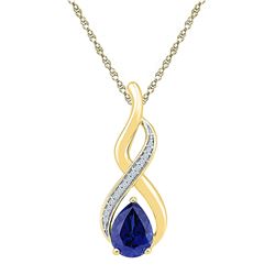 10kt Yellow Gold Pear Lab-Created Blue Sapphire Solitaire Diamond Pendant 1-4/5 Cttw