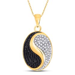 10kt Yellow Gold Round Black Color Enhanced Diamond Oval Yin Yang Pendant 1/3 Cttw