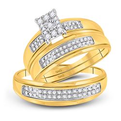 10kt Yellow Gold His & Hers Round Diamond Cluster Matching Bridal Wedding Ring Band Set 1/3 Cttw