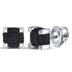 Sterling Silver Mens Round Color Enhanced Black Diamond 3D Cube Stud Earrings 1/3 Cttw