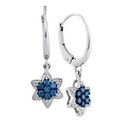 10kt White Gold Round Blue Color Enhanced Diamond Star Cluster Dangle Earrings 1/4 Cttw