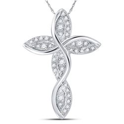 14kt White Gold Round Diamond Contoured Wavy Cross Pendant 1/6 Cttw