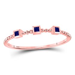 10kt Rose Gold Princess Blue Sapphire 3-Stone Beaded Stackable Band Ring 1/20 Cttw