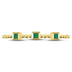 10kt Yellow Gold Princess Emerald Beaded 3-stone Stackable Band Ring .03 Cttw