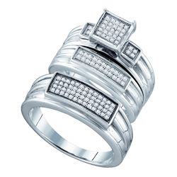 Sterling Silver His & Hers Round Diamond Cluster Matching Bridal Wedding Ring Band Set 1/3 Cttw