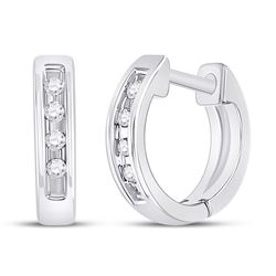 10kt White Gold Round Diamond Single Row Huggie Earrings 1/20 Cttw