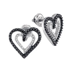 Sterling Silver Round Black Color Enhanced Diamond Double Heart Stud Earrings 1/20 Cttw