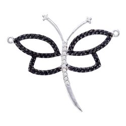 14kt White Gold Round Black Color Enhanced Diamond Dragonfly Bug Pendant 3/8 Cttw