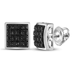 Sterling Silver Mens Round Black Color Enhanced Diamond Square Cluster Earrings 3/4 Cttw