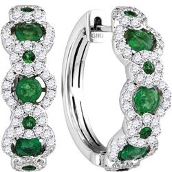 18kt White Gold Round Emerald Diamond Hoop Earrings 5/8 Cttw