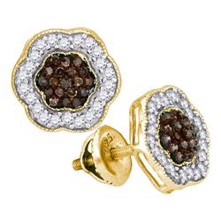 10kt Yellow Gold Round Brown Diamond Polygon Cluster Earrings 1/2 Cttw