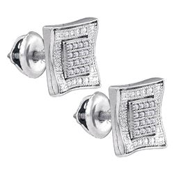 Sterling Silver Mens Round Diamond Square Kite Cluster Stud Earrings 1/10 Cttw