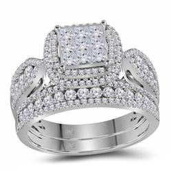 14kt White Gold Princess Diamond Bridal Wedding Engagement Ring Band Set 1-1/2 Cttw