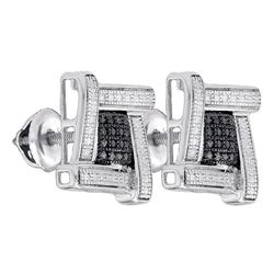 Sterling Silver Mens Round Black Color Enhanced Diamond Square Cluster Stud Earrings .03 Cttw