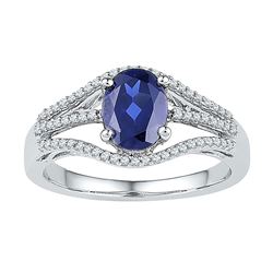 10kt White Gold Oval Lab-Created Blue Sapphire Solitaire Diamond Ring 1-3/4 Cttw