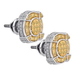 Sterling Silver Mens Round Yellow Color Enhanced Diamond Cluster Earrings 1/8 Cttw