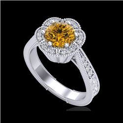 1.33 ctw Intense Fancy Yellow Diamond Art Deco Ring 18K White Gold