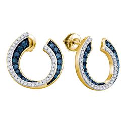 10kt Yellow Gold Round Blue Color Enhanced Diamond Cluster Earrings 3/4 Cttw