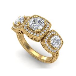 2.75 ctw Cushion VS/SI Diamond Art Deco 3 Stone Ring 18K Yellow Gold