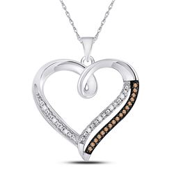 10kt White Gold Round Brown Diamond Heart Pendant 1/6 Cttw
