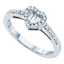 14kt White Gold Round Baguette Diamond Heart Cluster Ring 1/6 Cttw