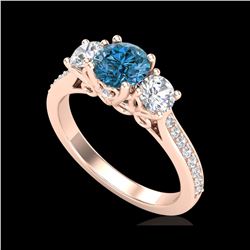 1.67 ctw Intense Blue Diamond Art Deco 3 Stone Ring 18K Rose Gold