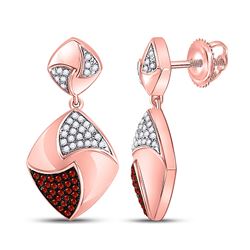 10kt Rose Gold Round Red Color Enhanced Diamond Square Dangle Earrings 1/3 Cttw