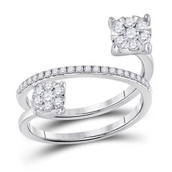14kt White Gold Round Diamond Double Flower Cluster Ring 3/4 Cttw