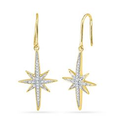 10kt Yellow Gold Round Diamond Starburst Dangle Earrings 1/6 Cttw