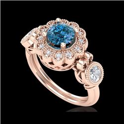 1.5 ctw Intense Blue Diamond Art Deco 3 Stone Ring 18K Rose Gold