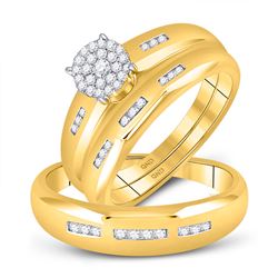 10kt Yellow Gold His & Hers Round Diamond Cluster Matching Bridal Wedding Ring Band Set 1/3 Cttw
