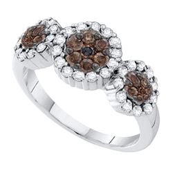 14kt White Gold Round Yellow Color Enhanced Diamond Triple Flower Cluster Ring 1/2 Cttw