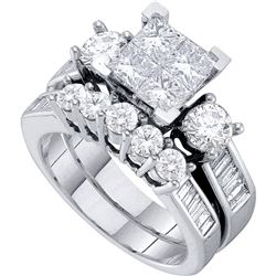 14kt White Gold Princess Diamond Cluster Bridal Wedding Engagement Ring Band Set 2.00 Cttw