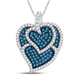 10kt White Gold Round Blue Color Enhanced Diamond Tripled Heart Outline Pendant 1.00 Cttw