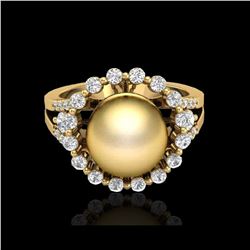 .83 CT Micro Pave VS/SI Diamond And Golden Pearl Ring 18K Yellow Gold
