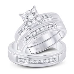 10kt White Gold His Hers Round Diamond Cluster Matching Bridal Wedding Ring Band Set 1/2 Cttw