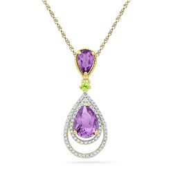 10kt Yellow Gold Oval Lab-Created Amethyst Diamond Teardrop Pendant 1-1/2 Cttw