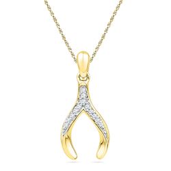 10k Yellow Gold Round Diamond Wishbone Lucky Pendant 1/20 Cttw