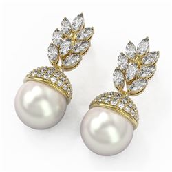 5.78 ctw Marquise Diamond and Pearl Earrings 18K Yellow Gold