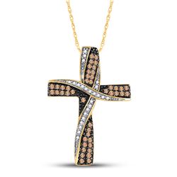 14kt Yellow Gold Round Brown Diamond Bound Cross Pendant 1/2 Cttw